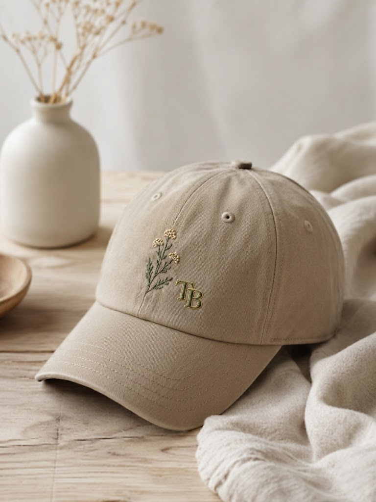 Norlune Atelier Embroidered Cap in Warm Beige