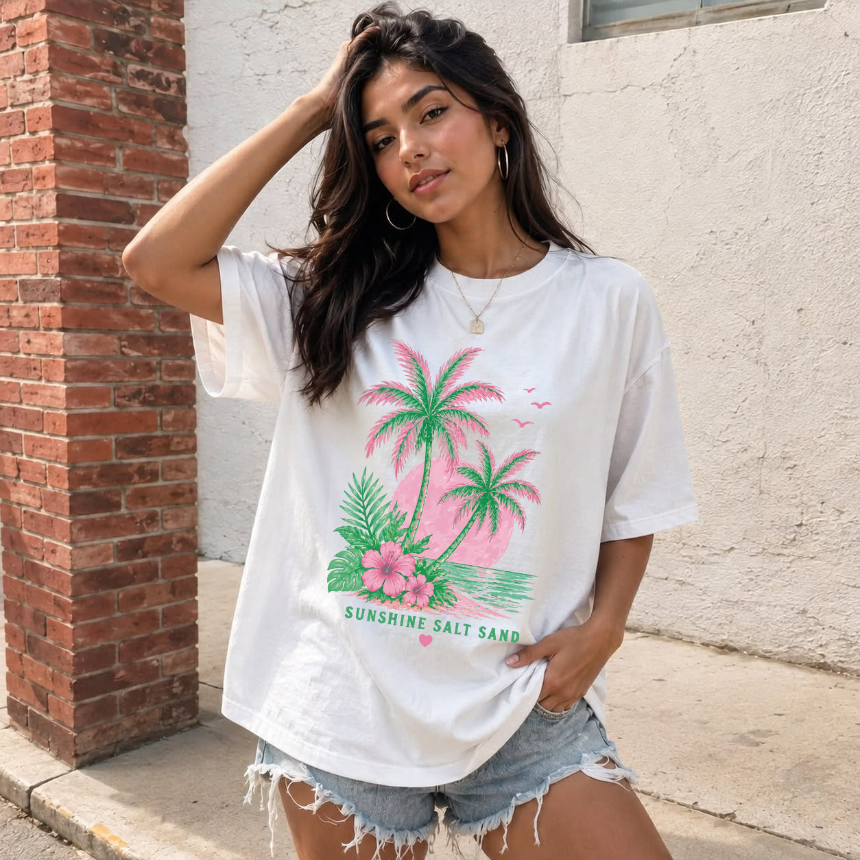 Palm Tree Beach Graphic Tee, Oversized Summer T-Shirt