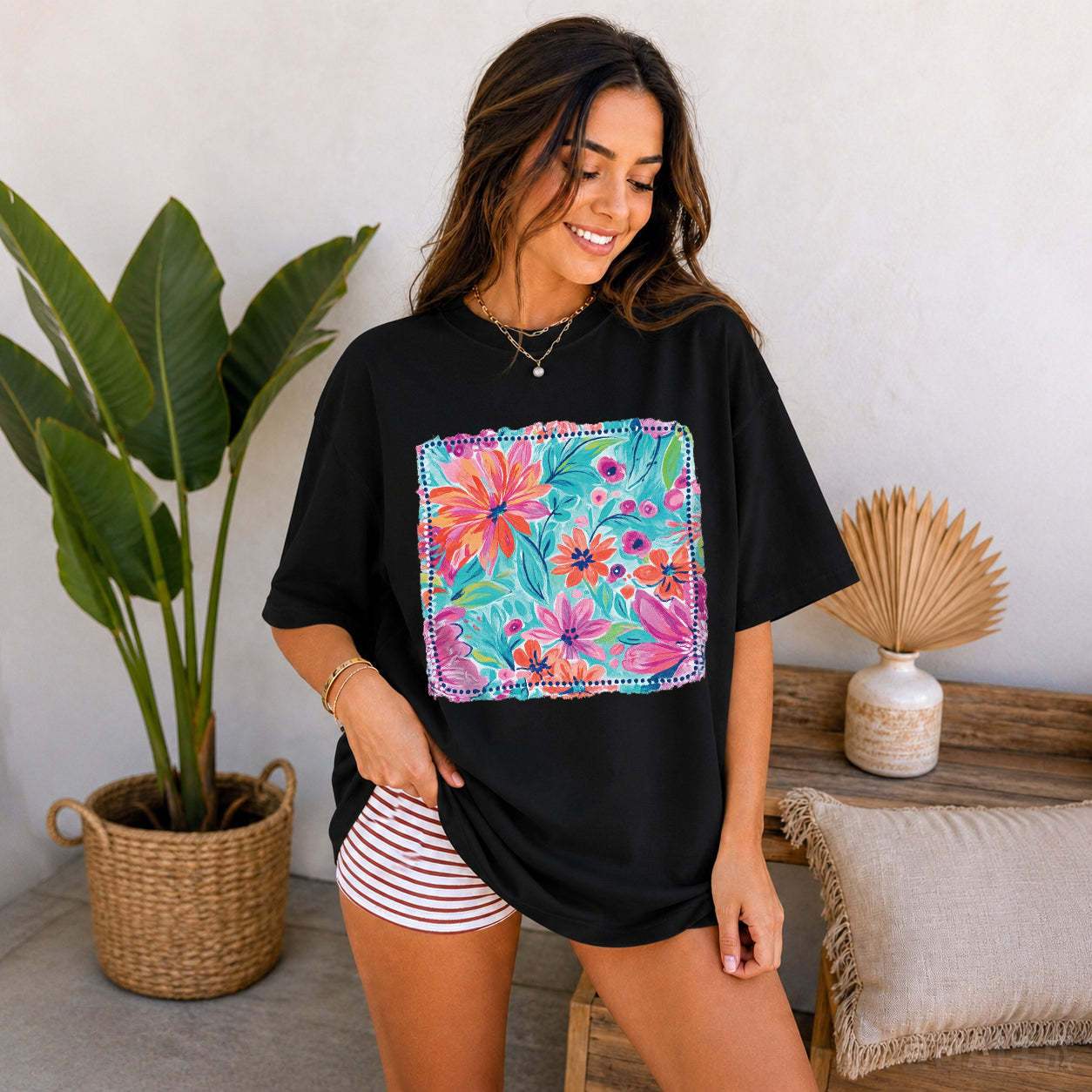Artistic Floral Print Oversized Graphic T-Shirt