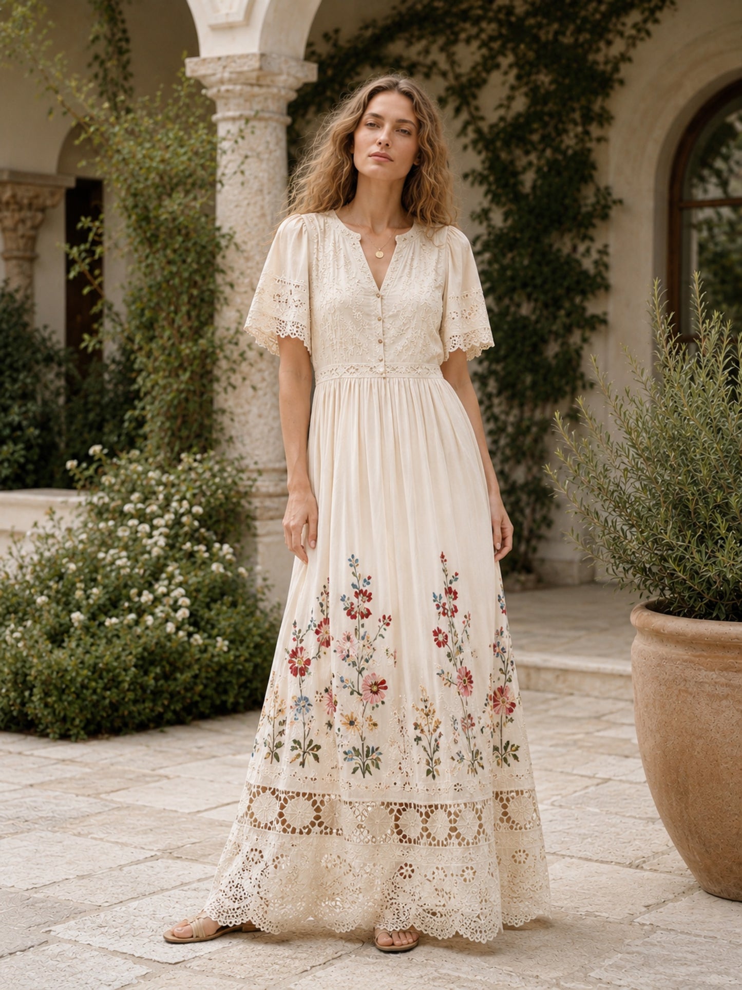 Bohemian Floral Embroidered Lace Trim Kimono Duster