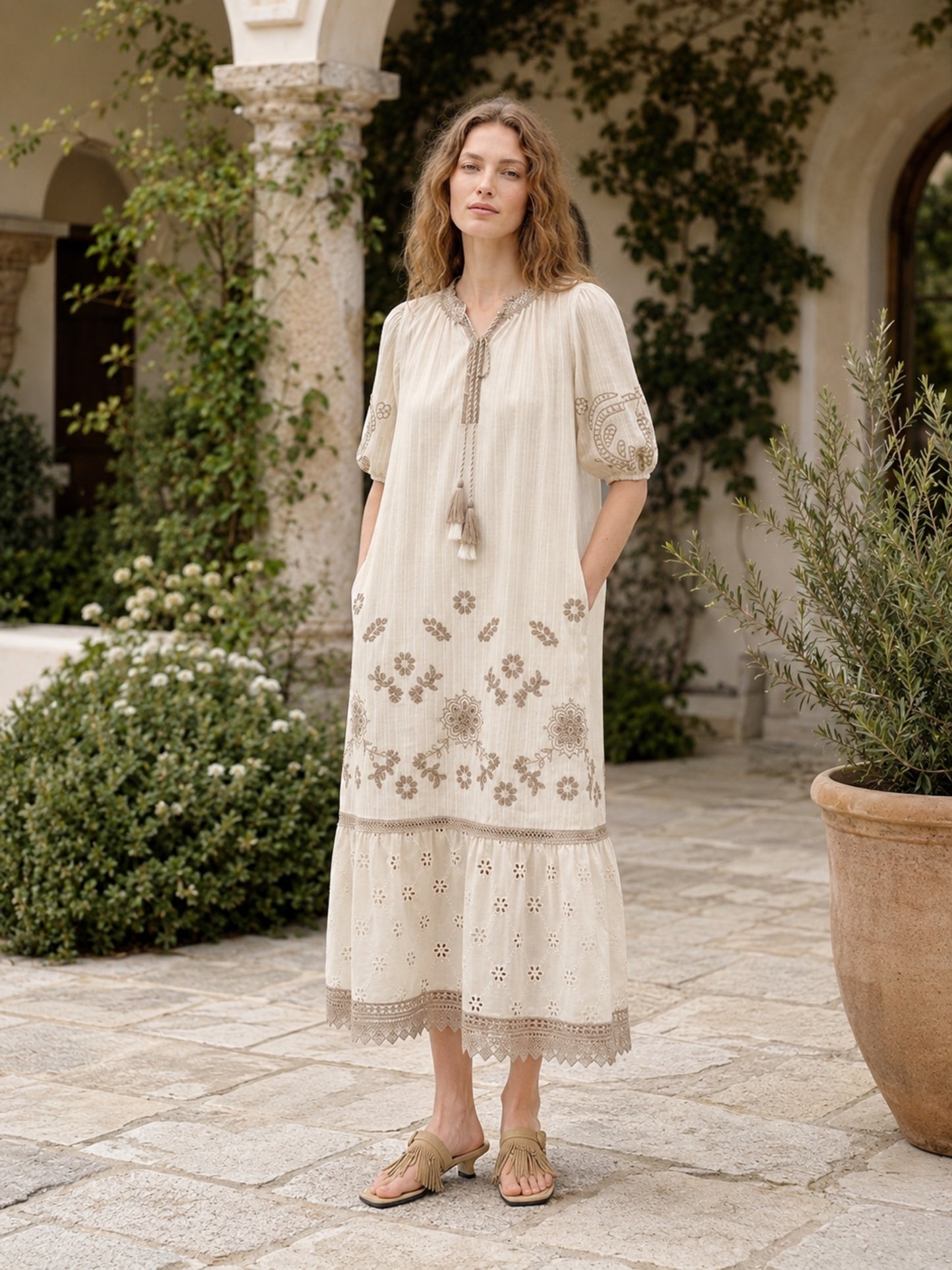 Lakeside Boho Eyelet Lace Tiered Maxi Dress
