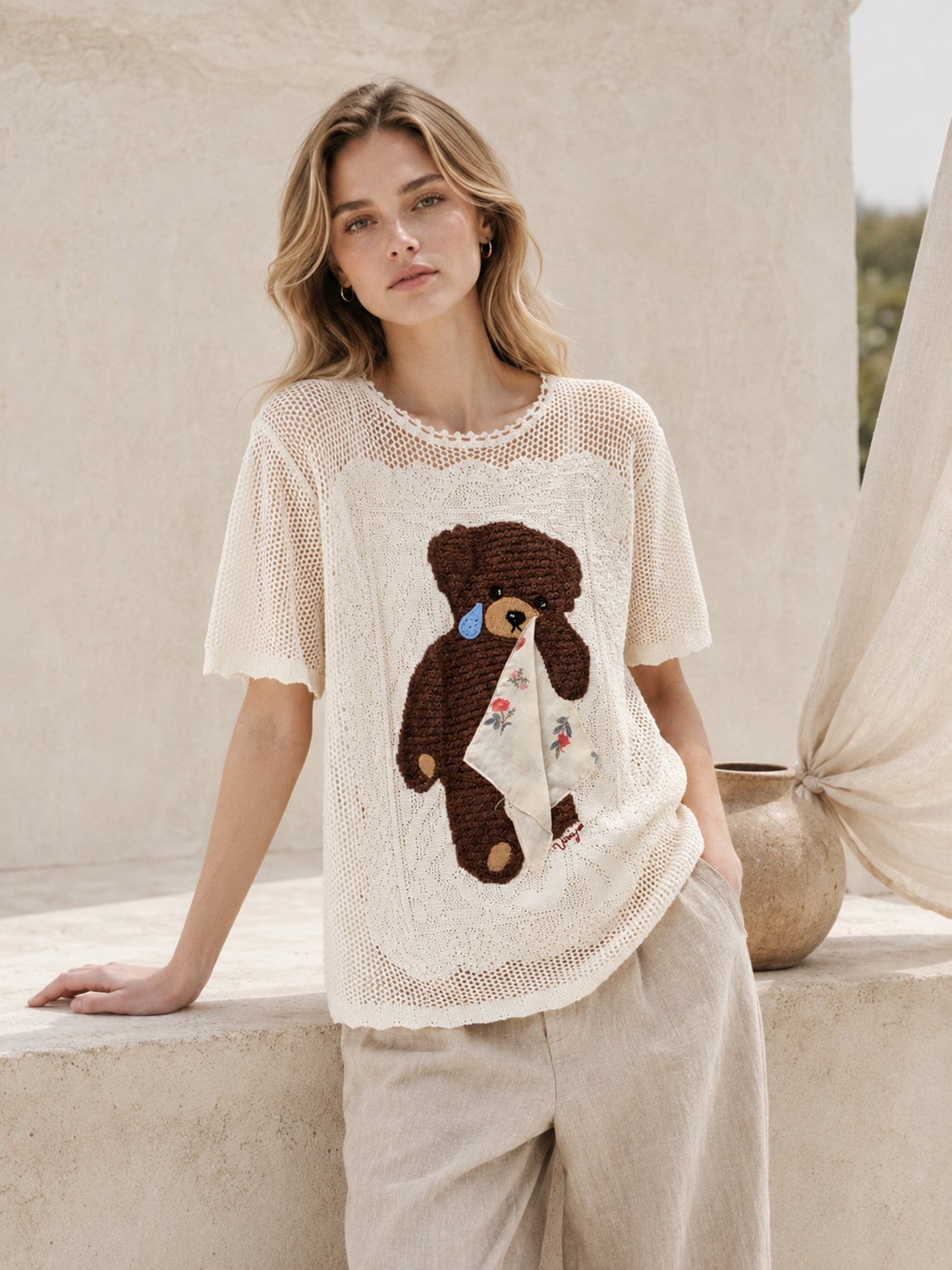 Whimsical Crochet Bear Knit Blouse