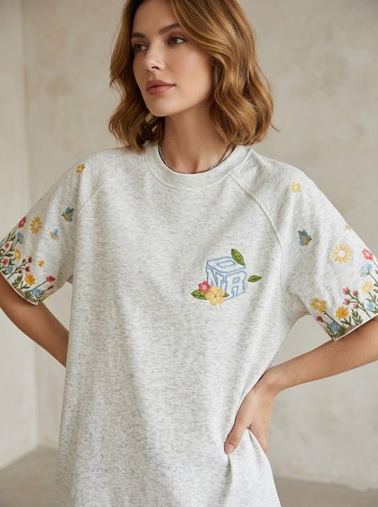 Embroidered Relaxed Tee with Floral Accents