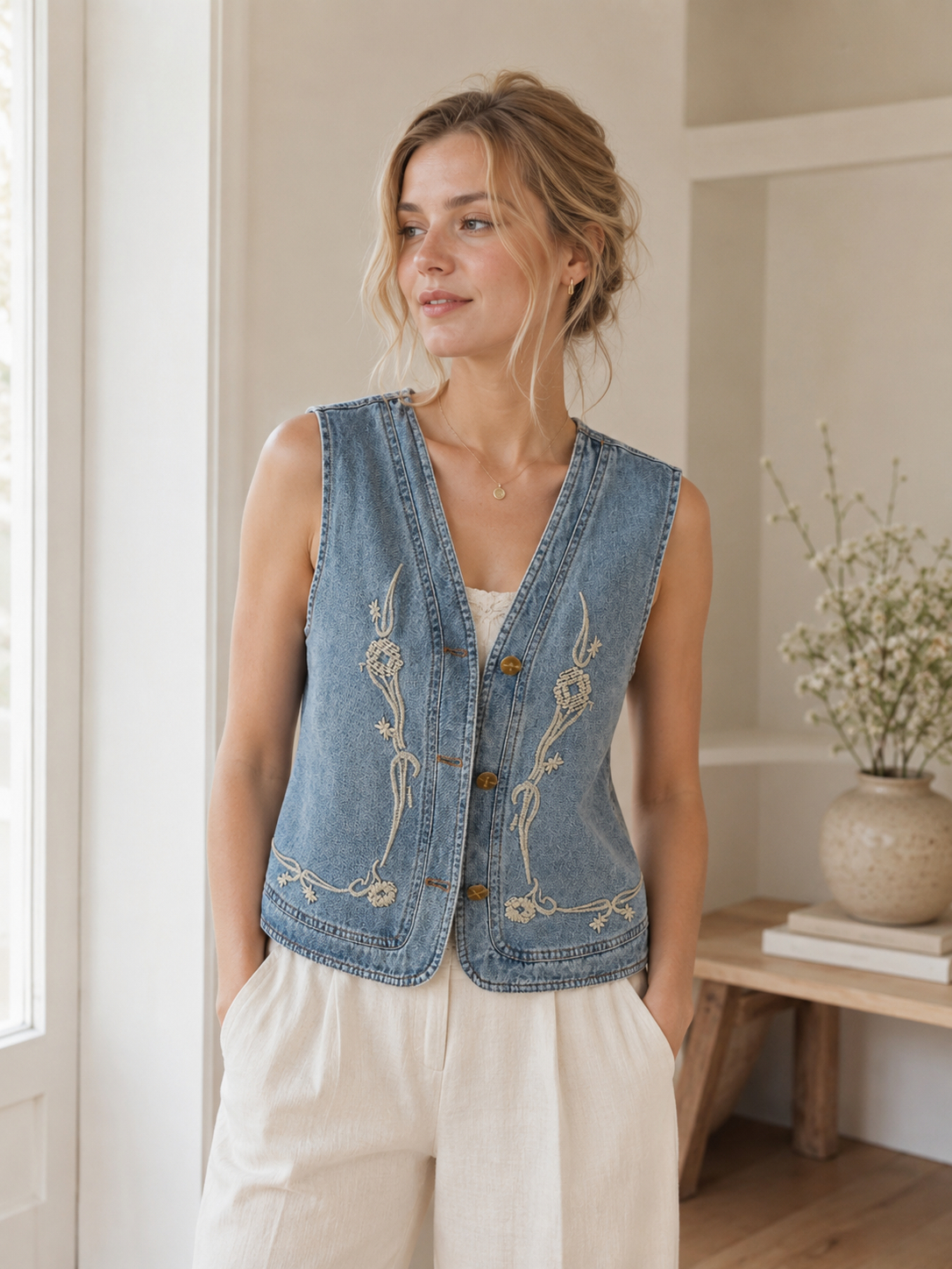 Embroidered Nordic Denim Vest