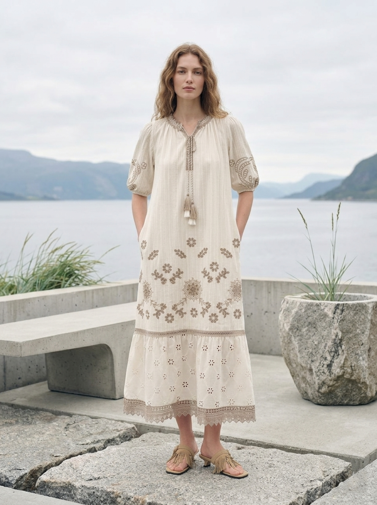 Timeless Embroidered Maxi Dress in Soft Neutral Tones