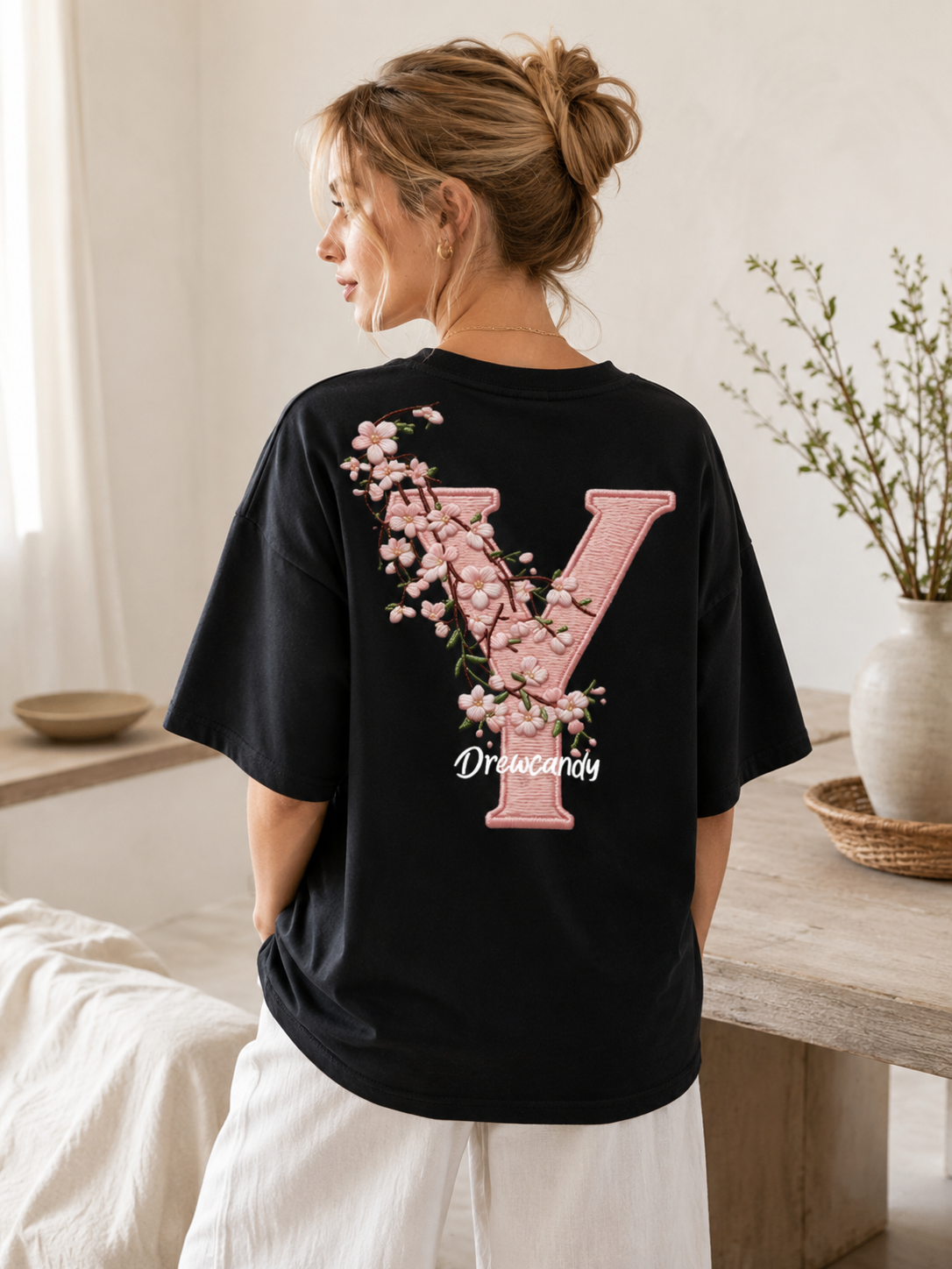 Embroidered Oversized Tee with Floral Design
