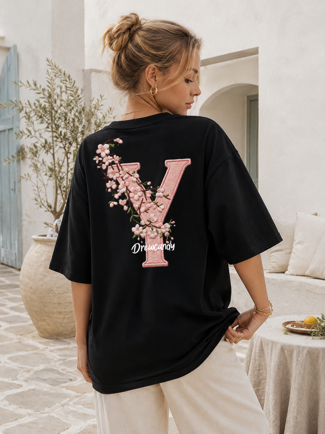 Embroidered Oversized Tee with Floral Design