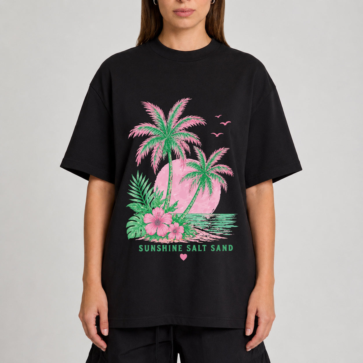 Palm Tree Beach Graphic Tee, Oversized Summer T-Shirt
