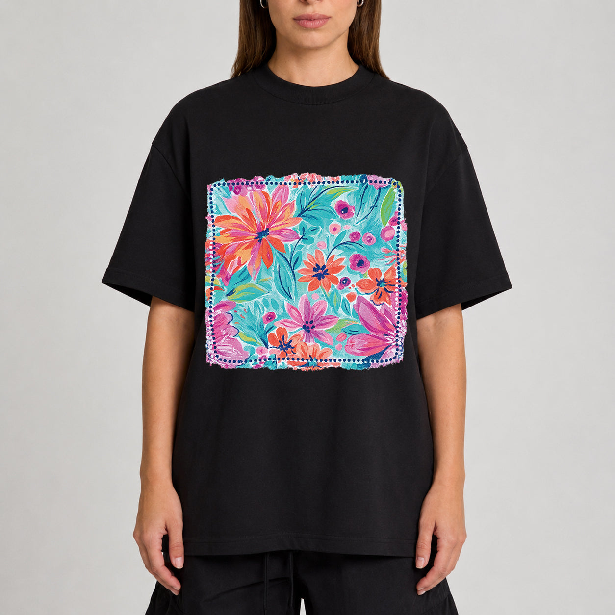 Artistic Floral Print Oversized Graphic T-Shirt