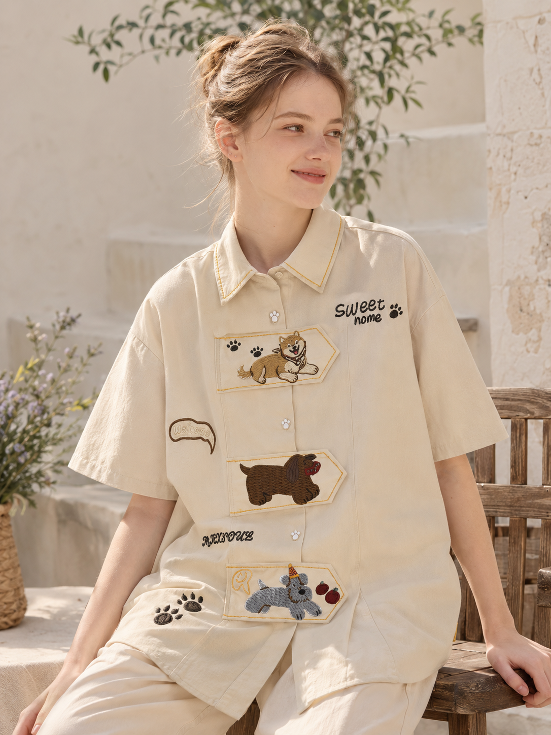Whimsical Embroidered Dog Shirt