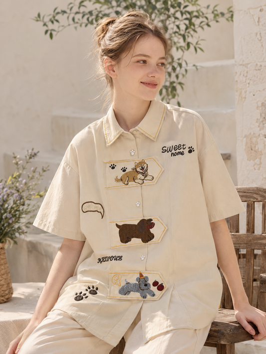 Whimsical Embroidered Dog Shirt