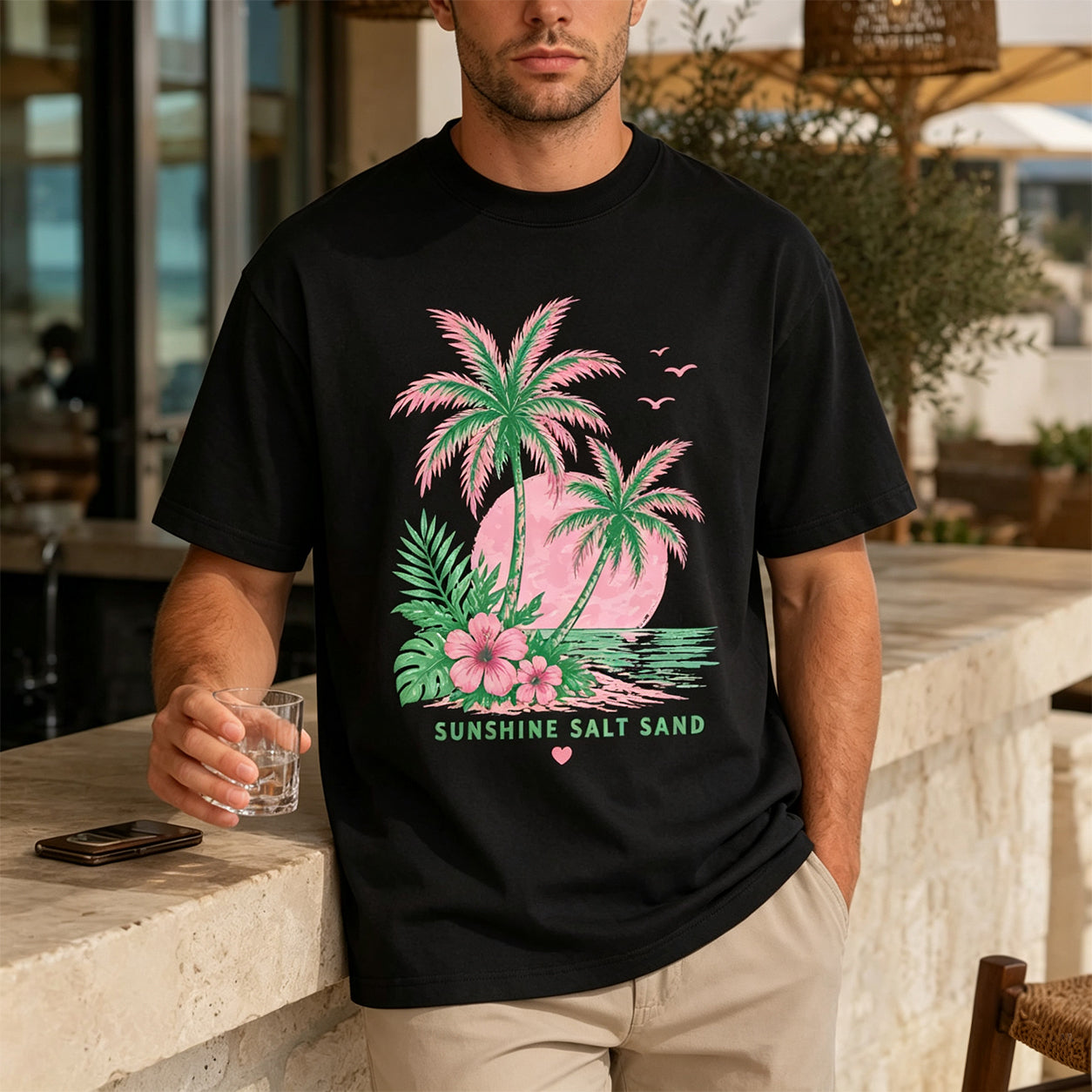 Palm Tree Beach Graphic Tee, Oversized Summer T-Shirt