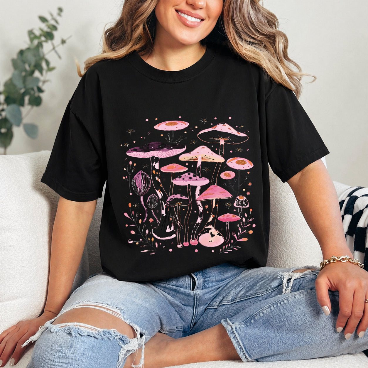Pink Mushroom Graphic Oversized T-Shirt