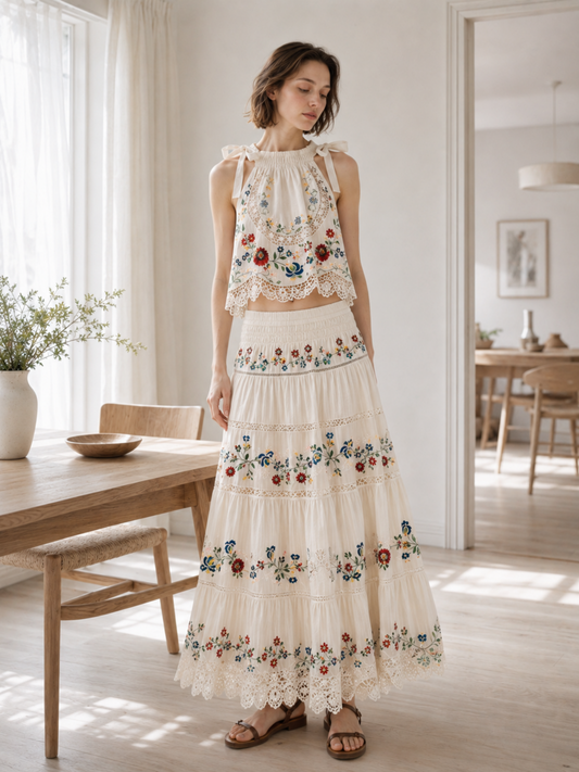 Beige Folk Floral Embroidered Eyelet Lace Tiered Dress