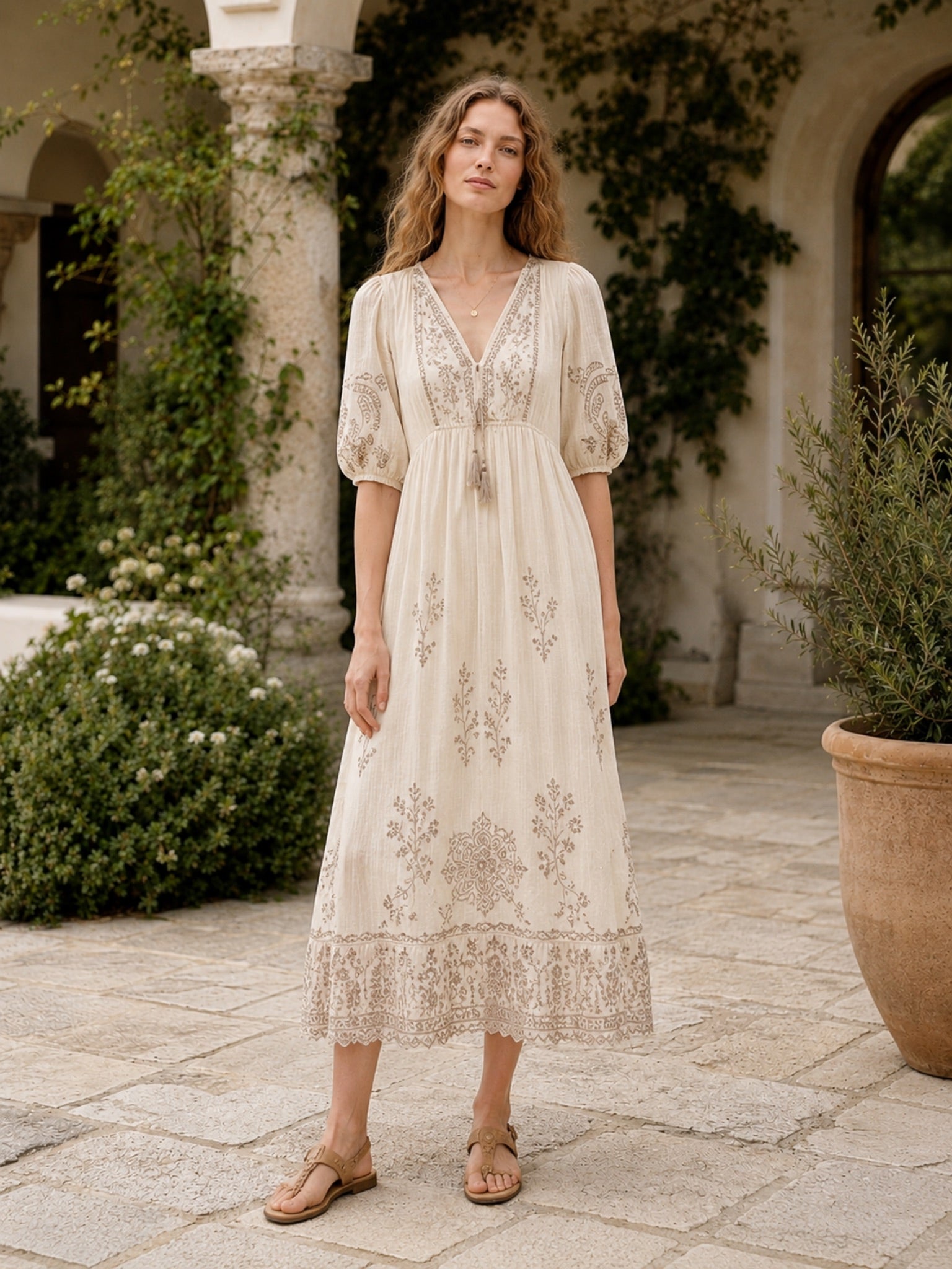 Bohemian Floral Embroidered Tassel Neck Maxi Dress