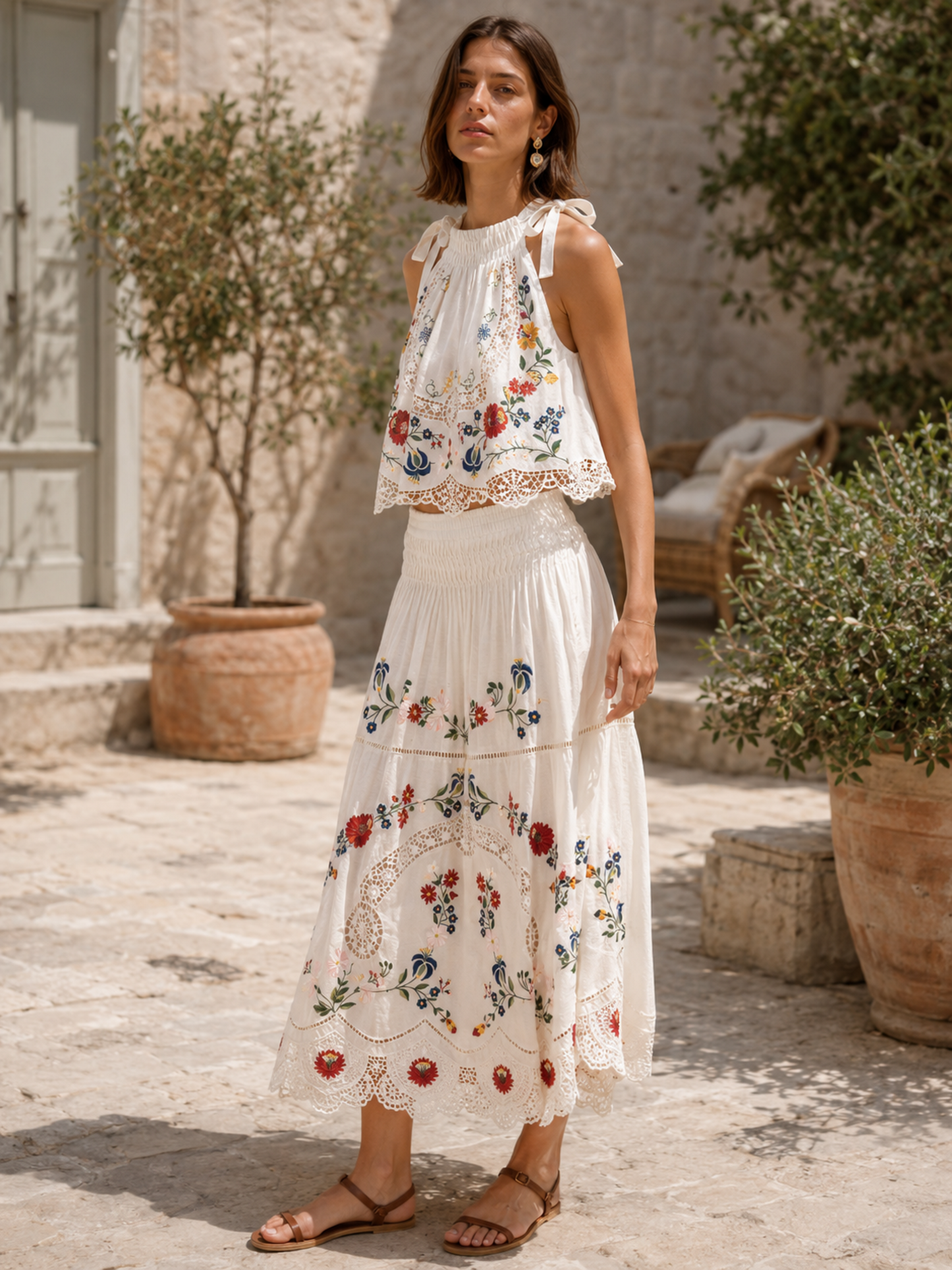 Bohemian Folk Floral Embroidered Two-Piece Set