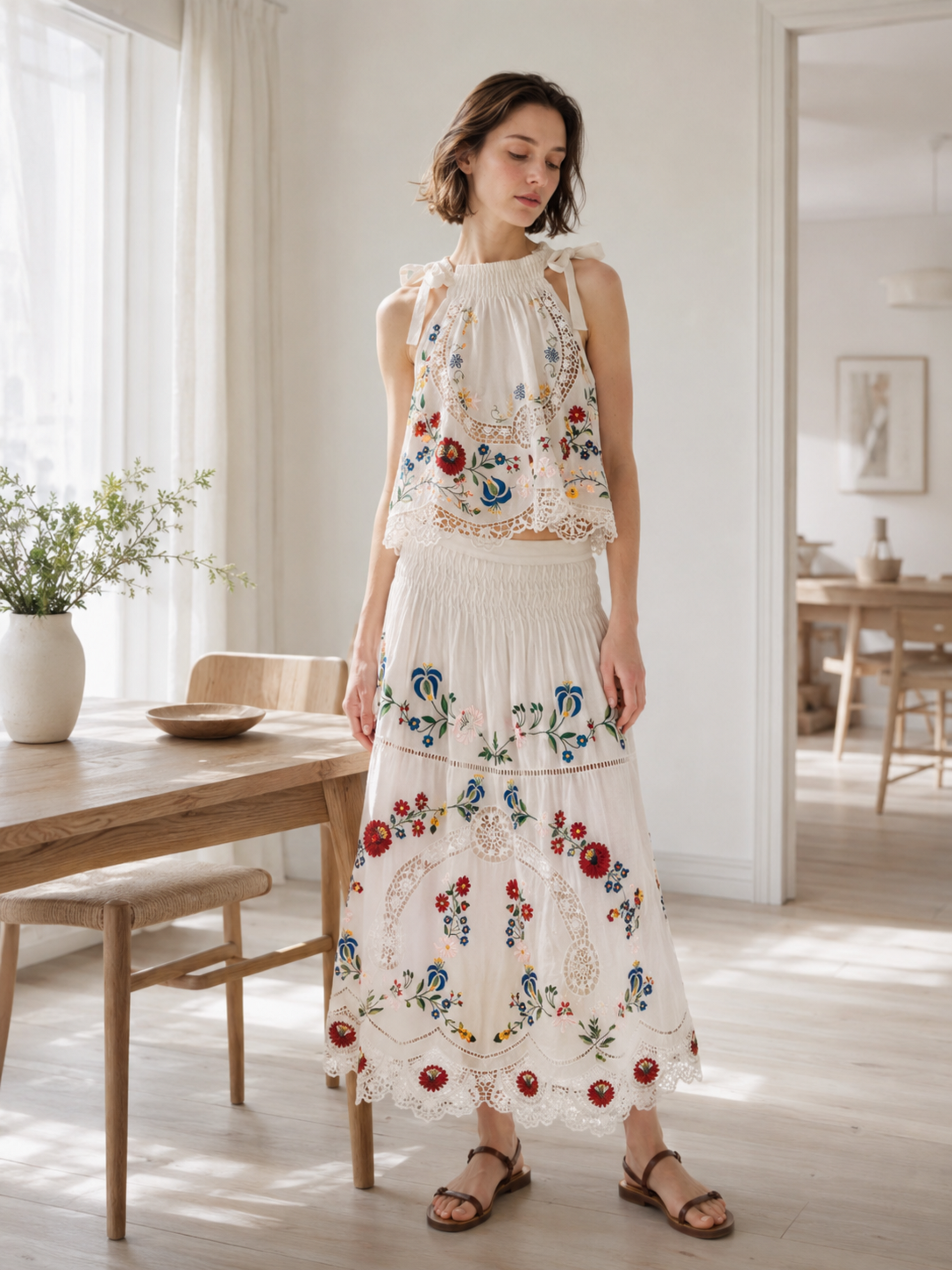Bohemian Folk Floral Embroidered Two-Piece Set