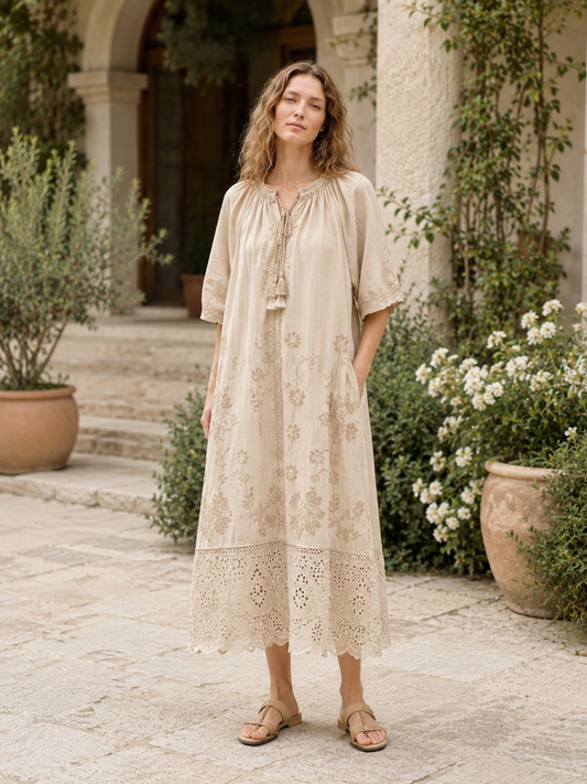 Cottagecore Eyelet Lace Beige Dress