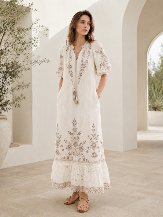 Cottagecore Neutral Floral Linen Blend Dress