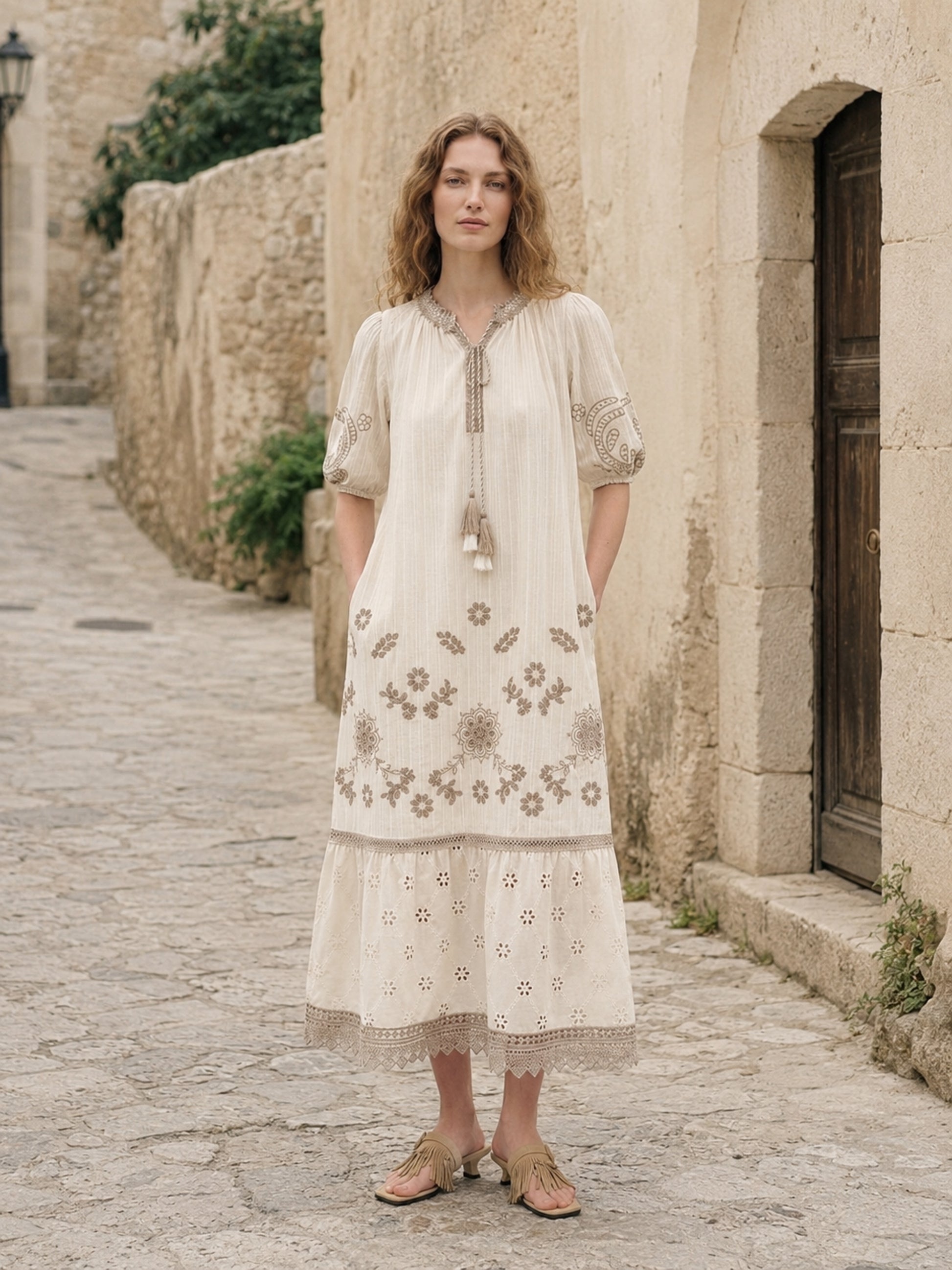 Lakeside Boho Eyelet Lace Tiered Maxi Dress