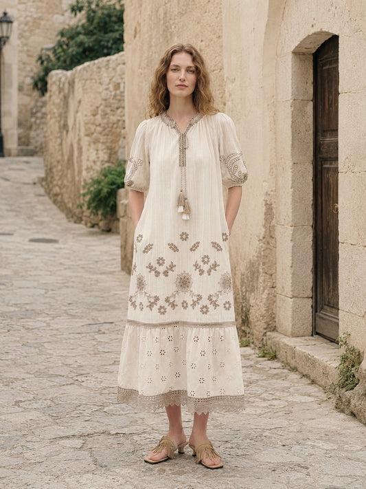 Lakeside Boho Eyelet Lace Tiered Maxi Dress