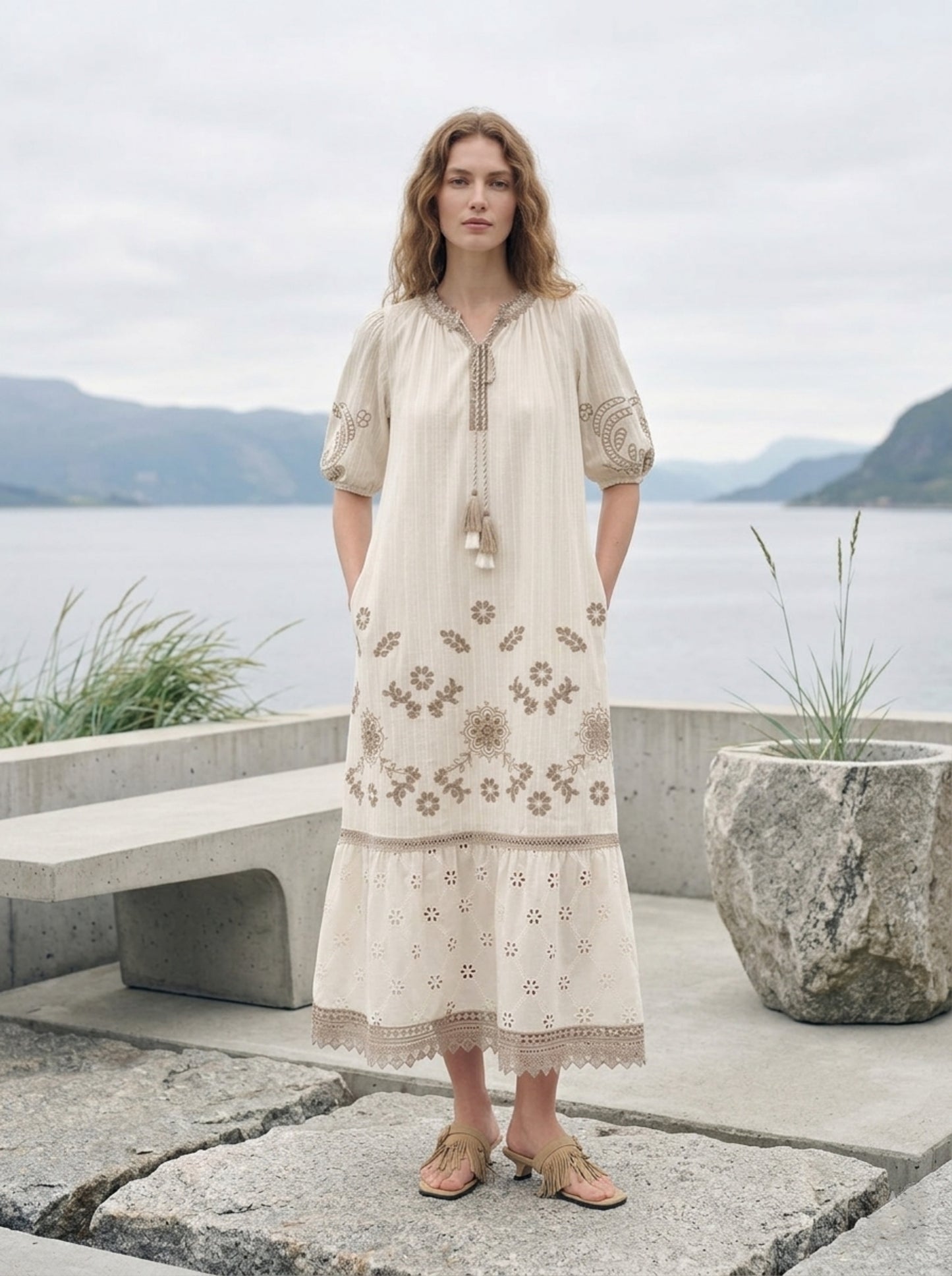 Lakeside Boho Eyelet Lace Tiered Maxi Dress