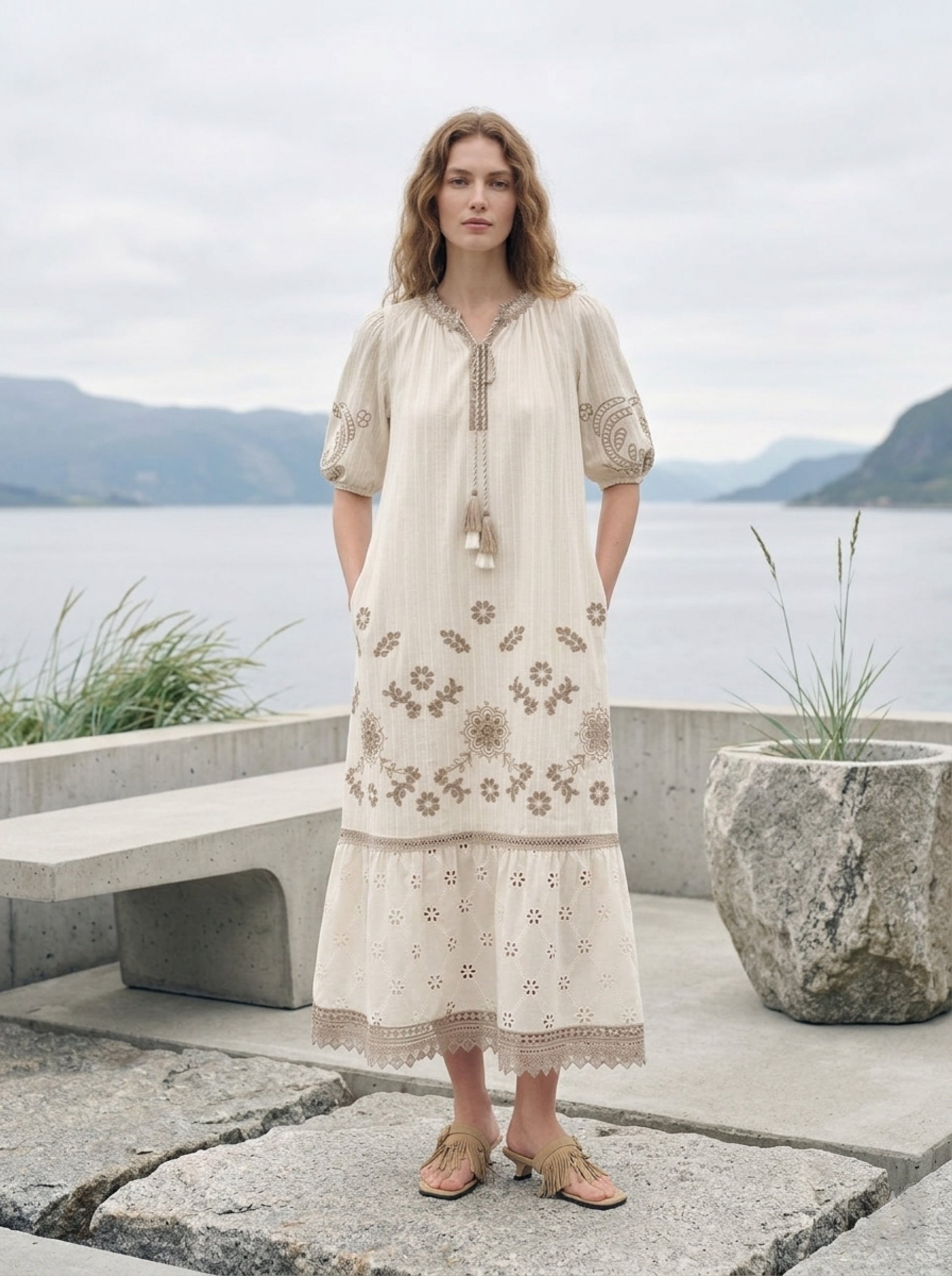Lakeside Boho Eyelet Lace Tiered Maxi Dress
