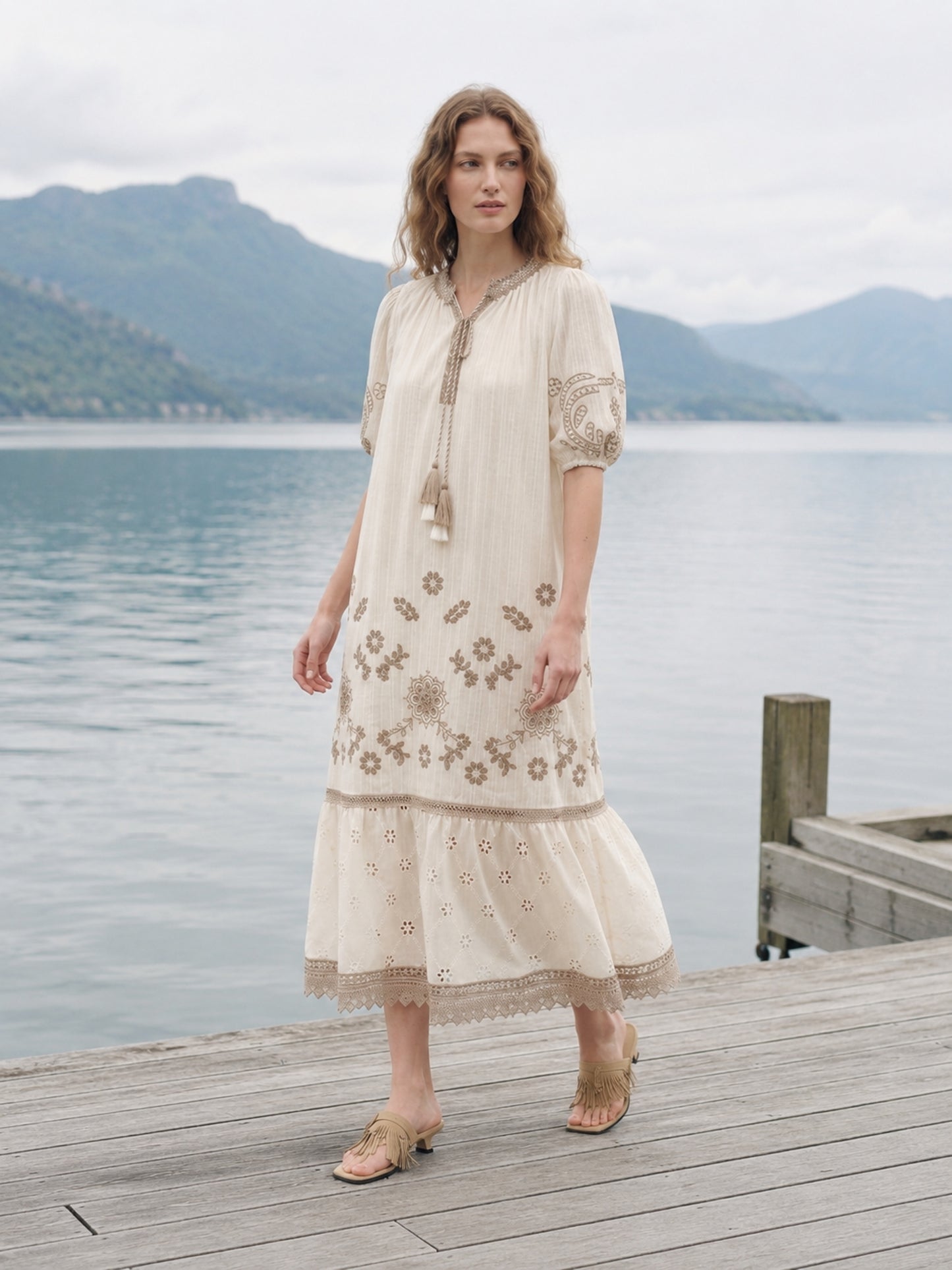 Lakeside Boho Eyelet Lace Tiered Maxi Dress