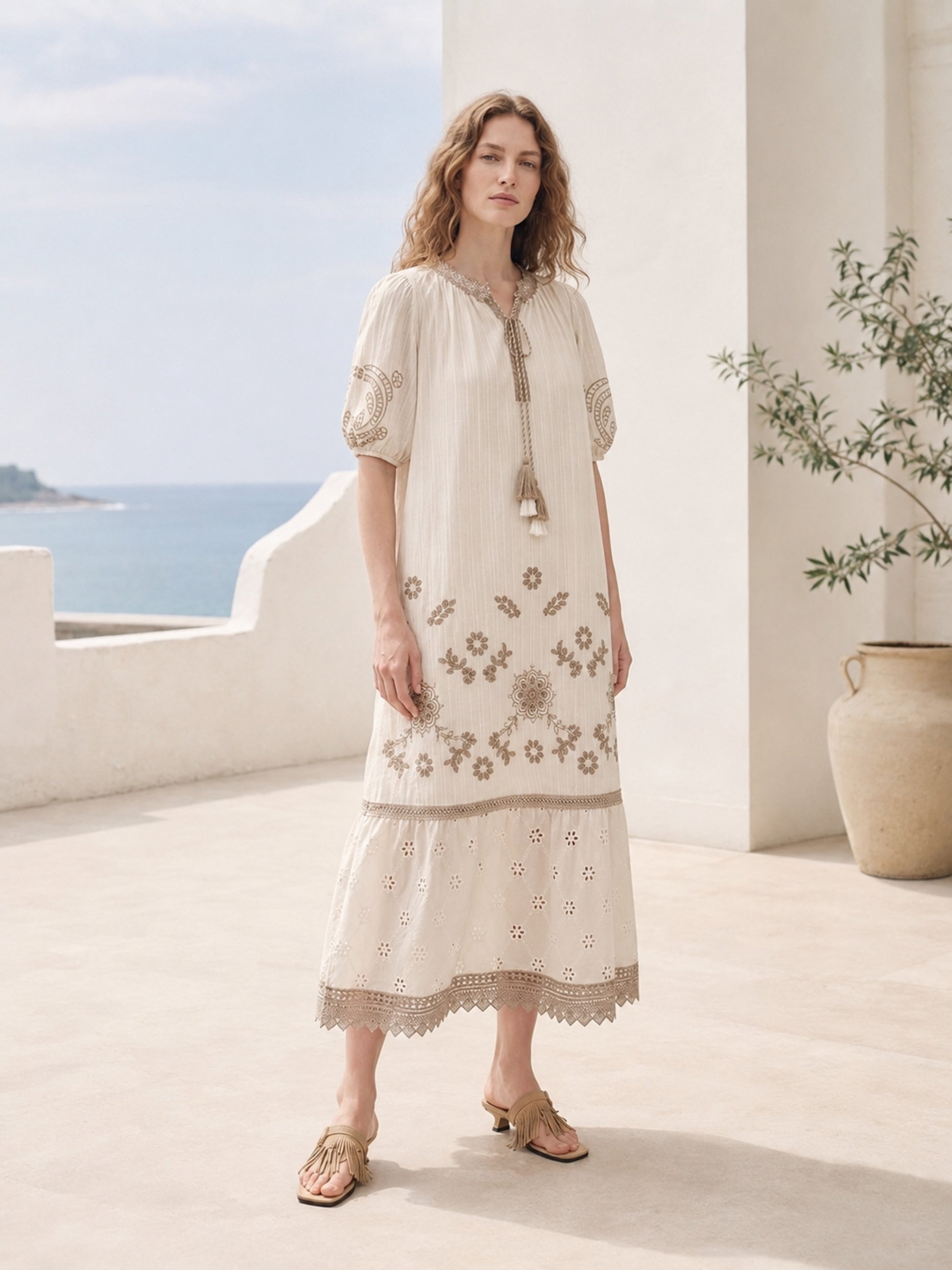 Lakeside Boho Eyelet Lace Tiered Maxi Dress