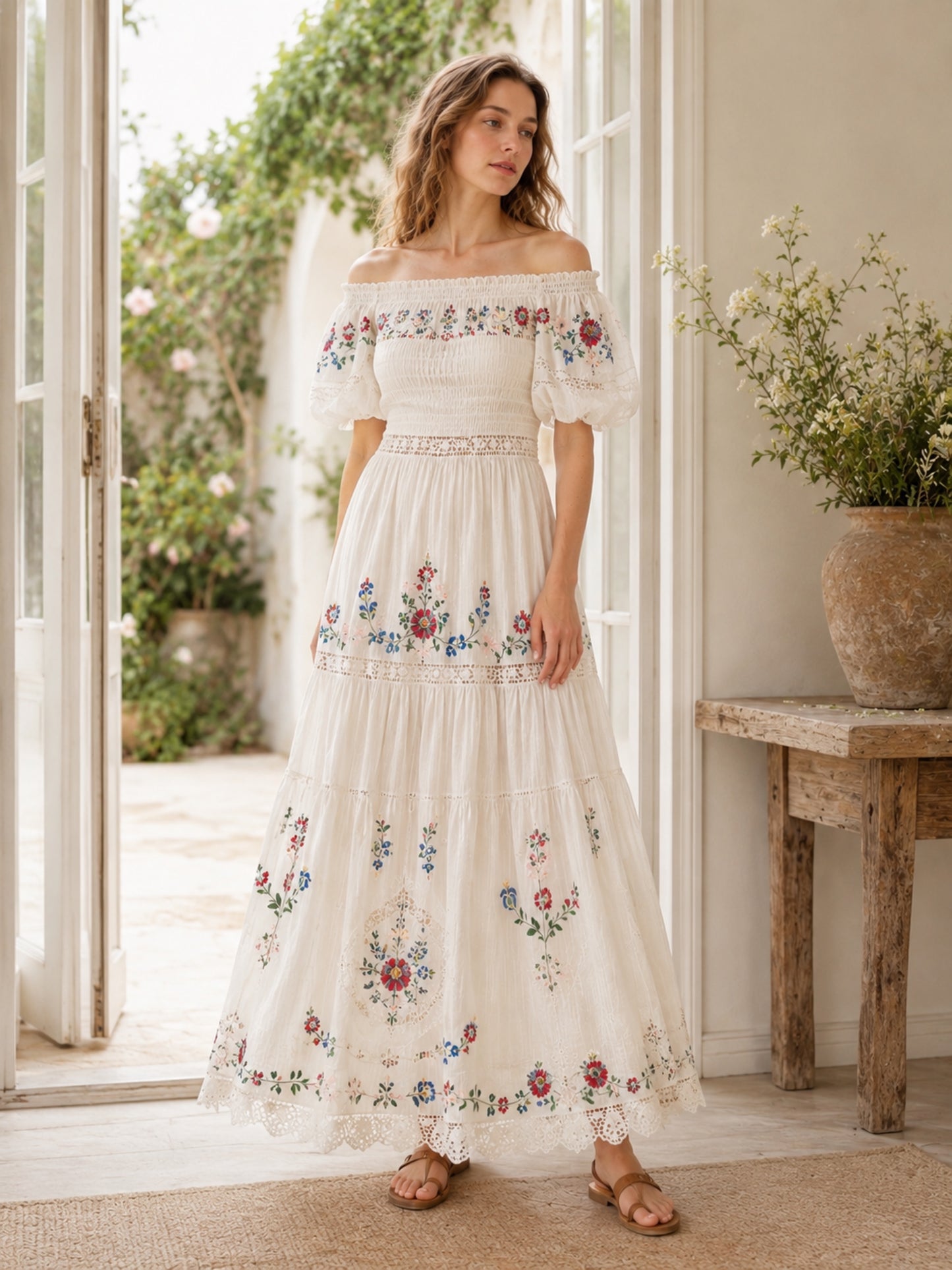 Neutral Floral Embroidered Linen Two-Piece Set