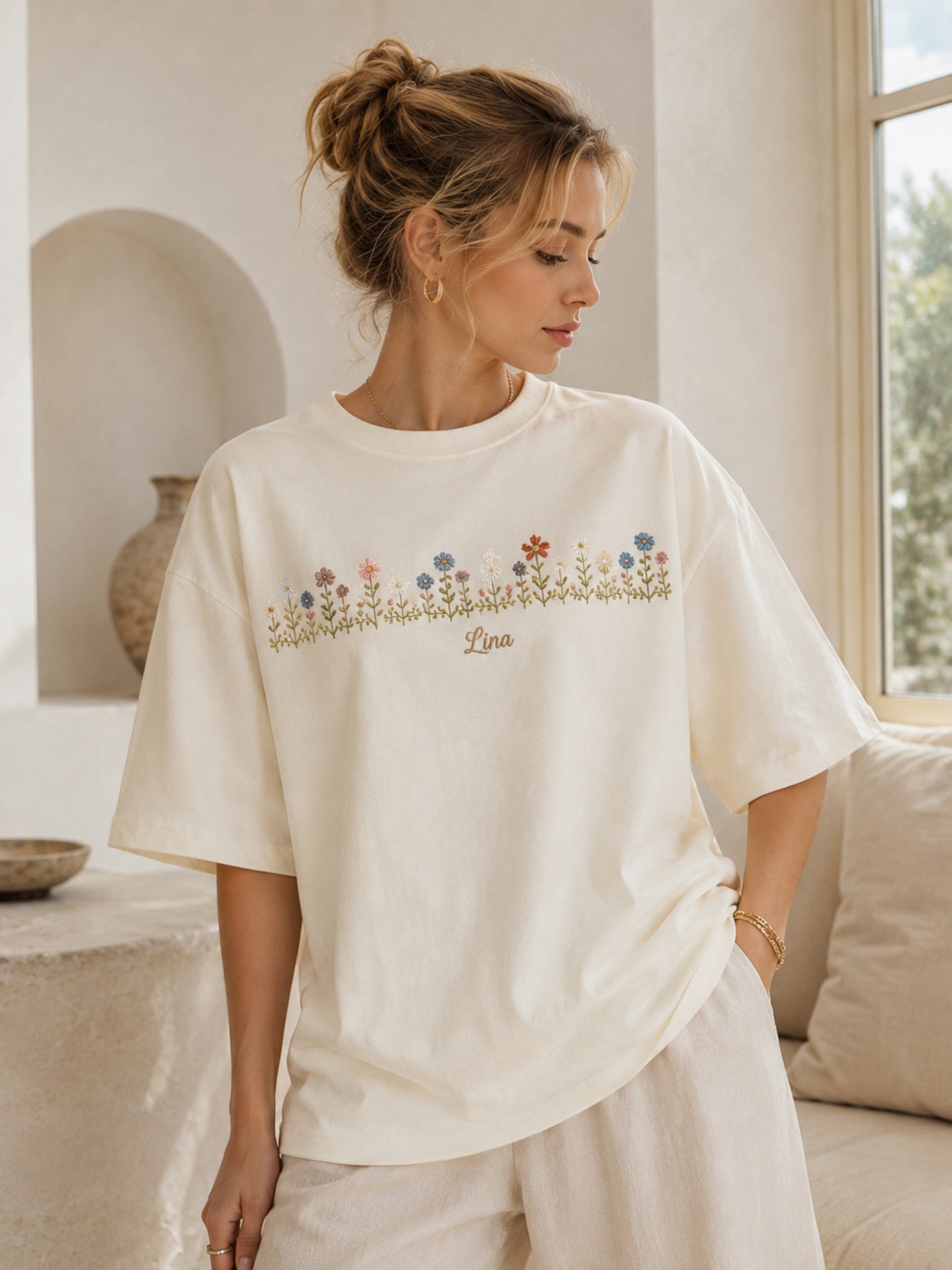 Personalized Floral Line Oversized Tee