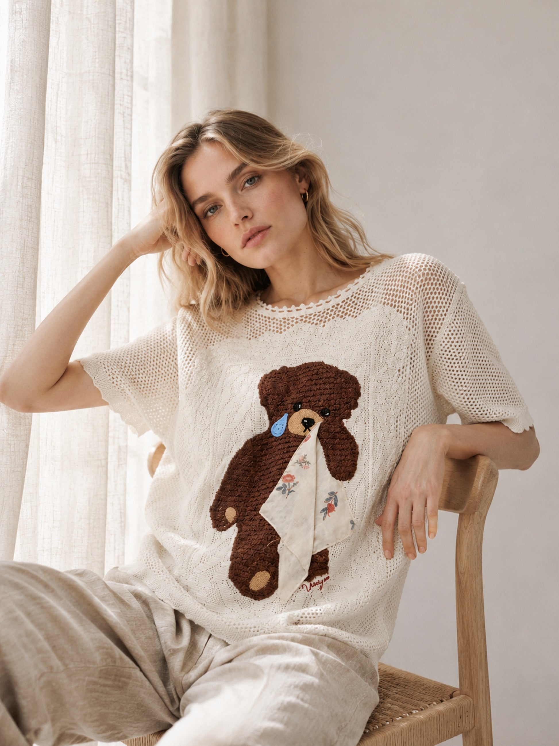 Whimsical Crochet Bear Knit Blouse