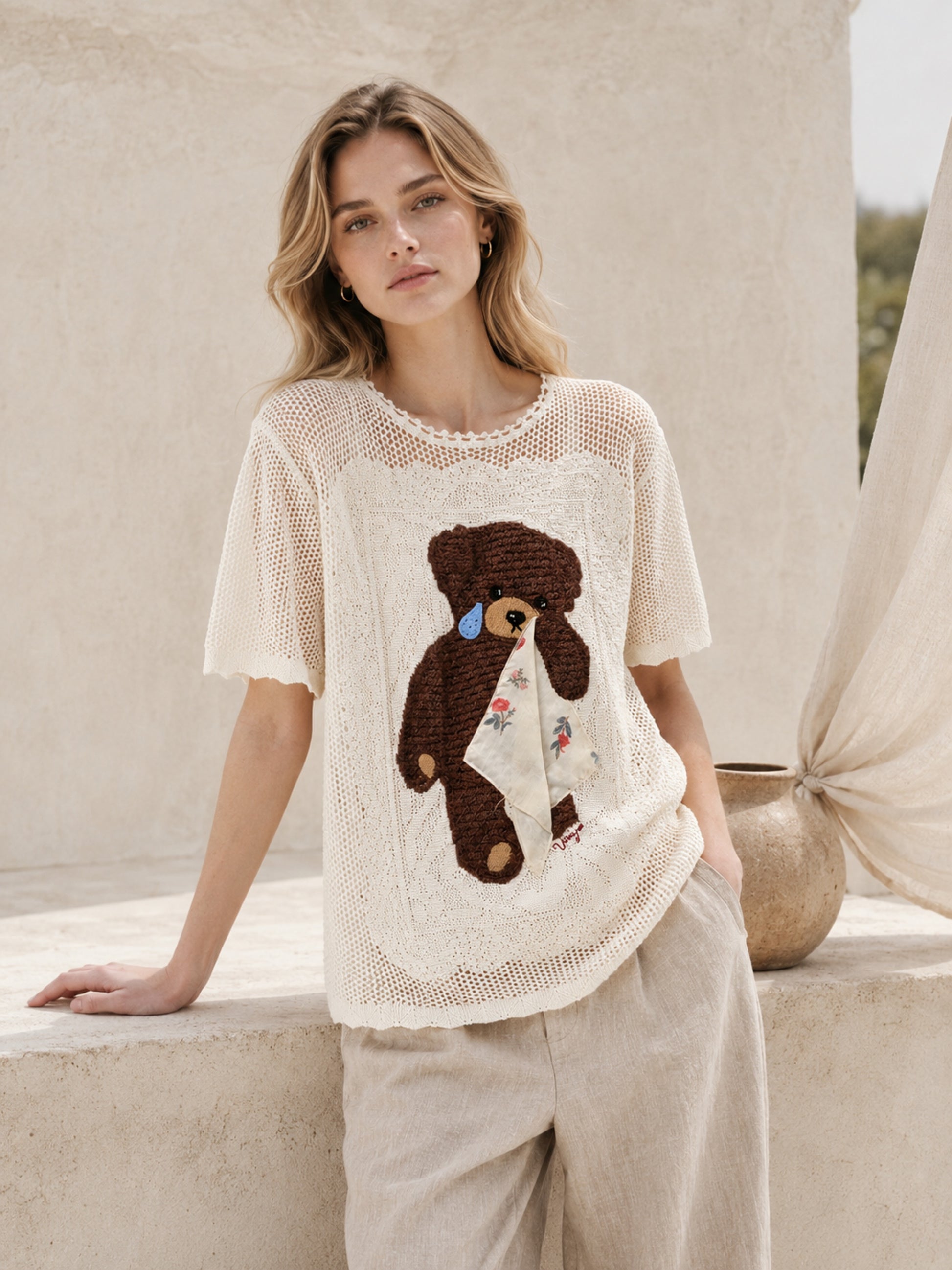 Whimsical Crochet Bear Knit Blouse