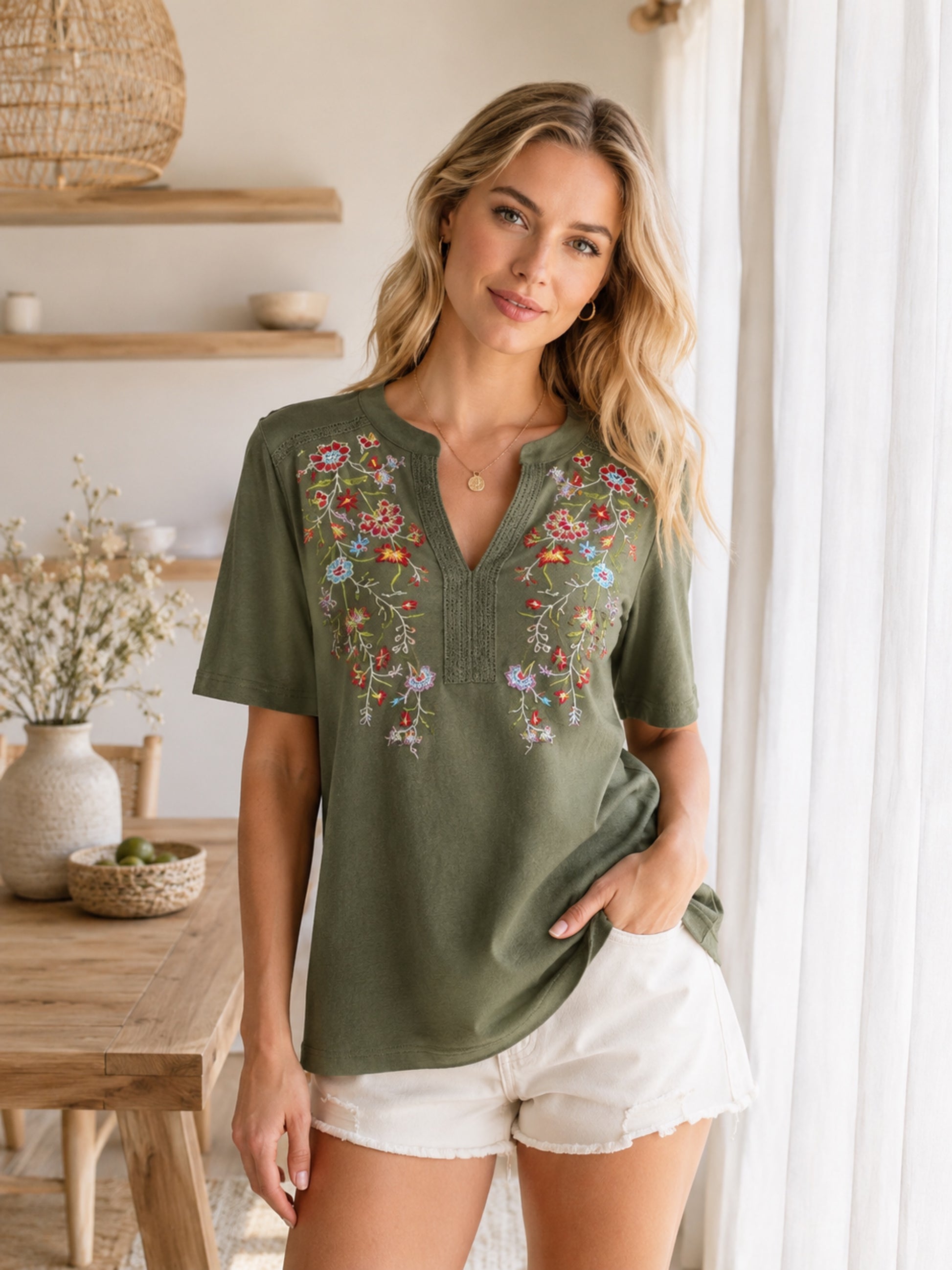 Floral Embroidered Green Top