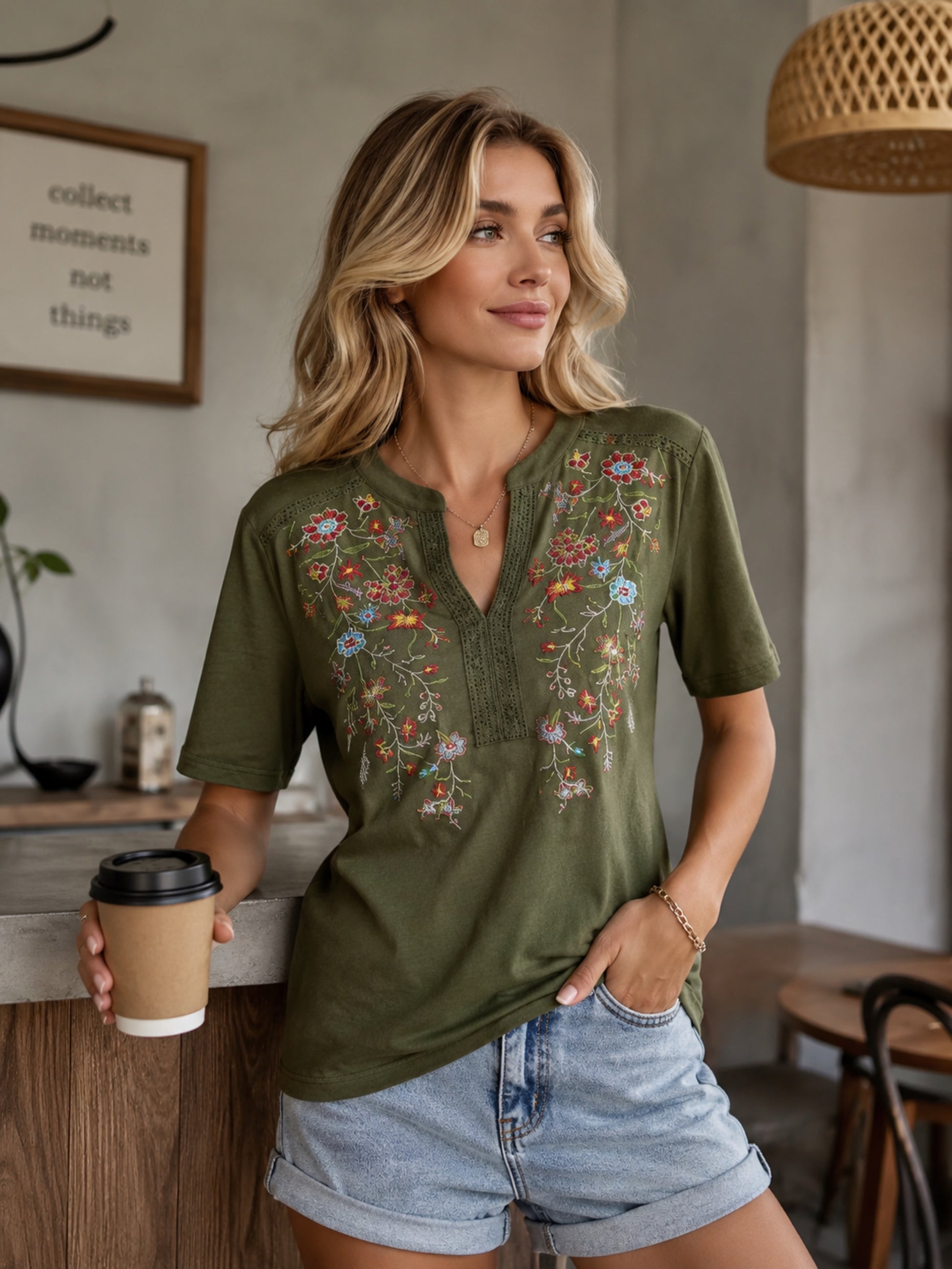 Floral Embroidered Green Top